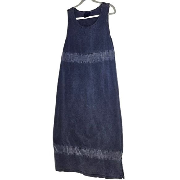 VINTAGE Dressing Clio Chambray Cotton Sleeveless Blue 90's Retro Maxi Dress M - Picture 1 of 10